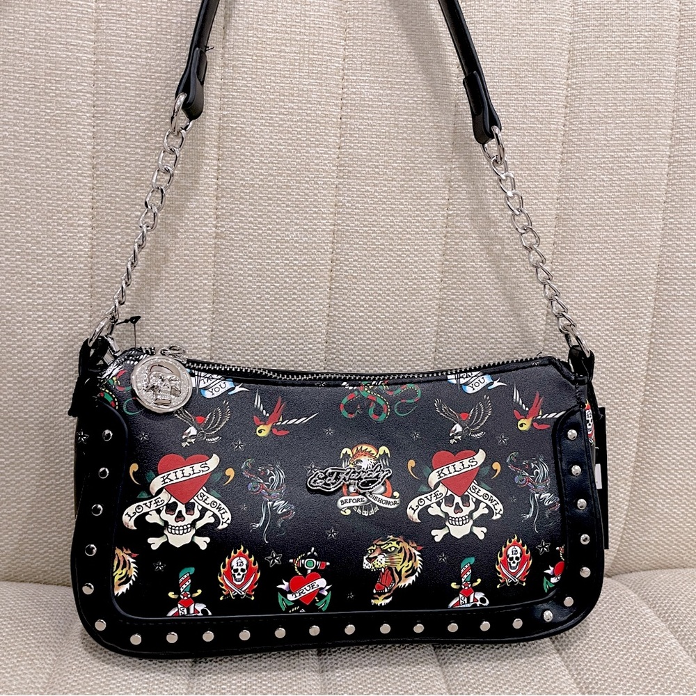 NEW Ed Hardy Tattoo Print Vegan Leather Baguette Shoulder Bag Black‎ Love Kills